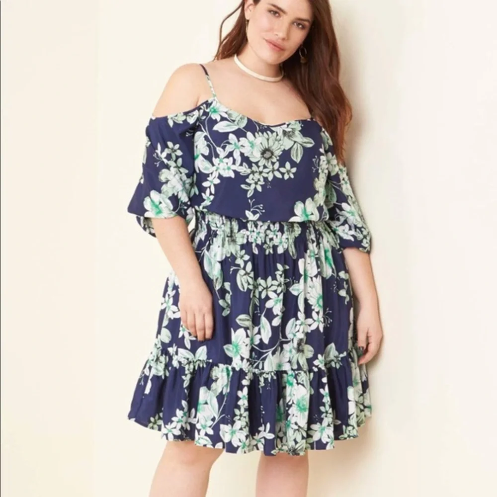 Eliza J Navy & Green Cold Shoulder Blouson Dress - Picture 9 of 10